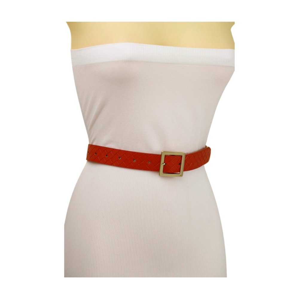 Women Orange Color Basket Weave Skinny Belt Gold Metal Square Buckle Size S M - Picture 13 of 17
